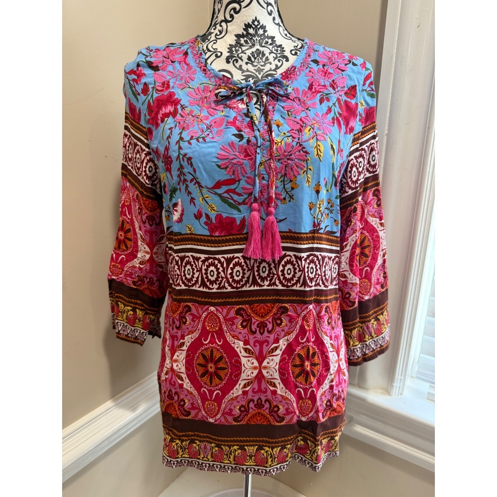 Aziza Womens Boho Floral Paisley Embroidered Tassel Tunic Top Blue Pink Size M